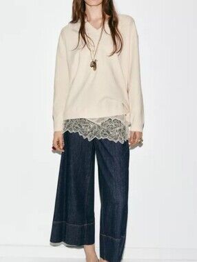 Zara Long Lace Cream Combination Wool Blend Knit Jumper Sweater Sz-L